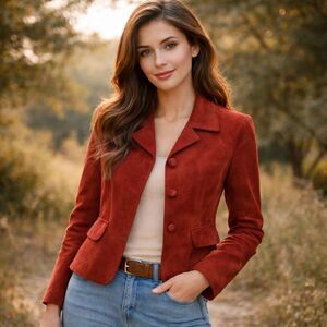 Ann Taylor Suede Jacket Womens Sz M Petite Rust Earthy Button Front Lined Blazer